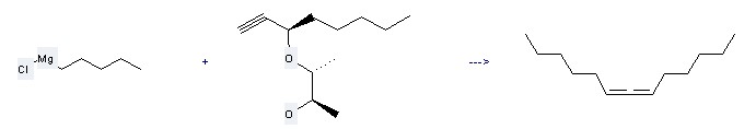 Magnesium,chloropentyl- can react with 3-(1-pentyl-prop-2-ynyloxy)-butan-2-ol to get trideca-6,7-diene.